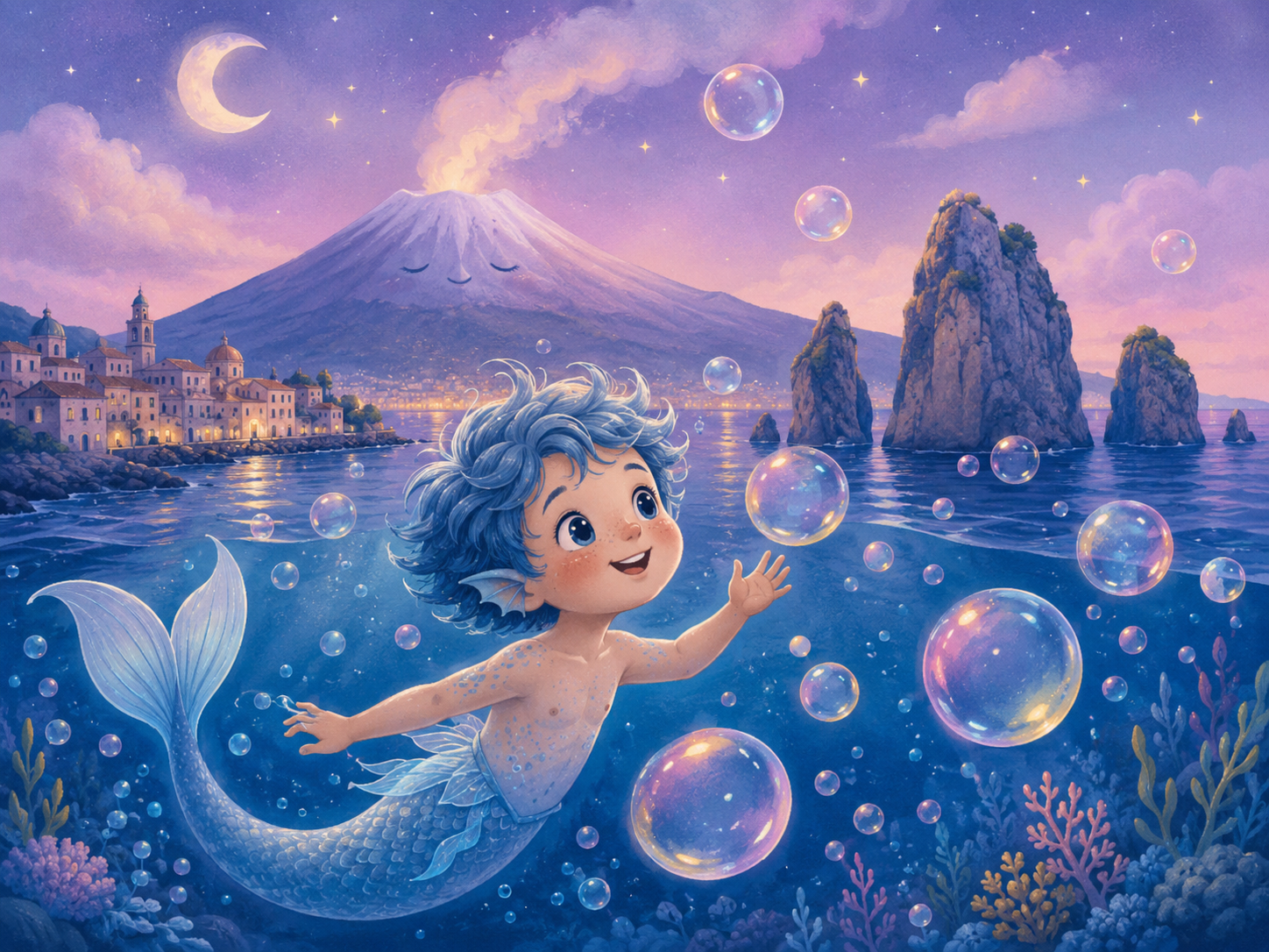 Nel mare blu notte della costa di Catania (vicino ai faraglioni di Aci Trezza), un bambino-pesce color azzurro polvere nuota felice. Intorno a lui volano tantissime bolle trasparenti che riflettono i colori del rosa confetto e del giallo canarino. Sullo sfondo, l'Etna sonnecchia sotto un cielo color lilla chiaro, accarezzato da nuvole soffici.