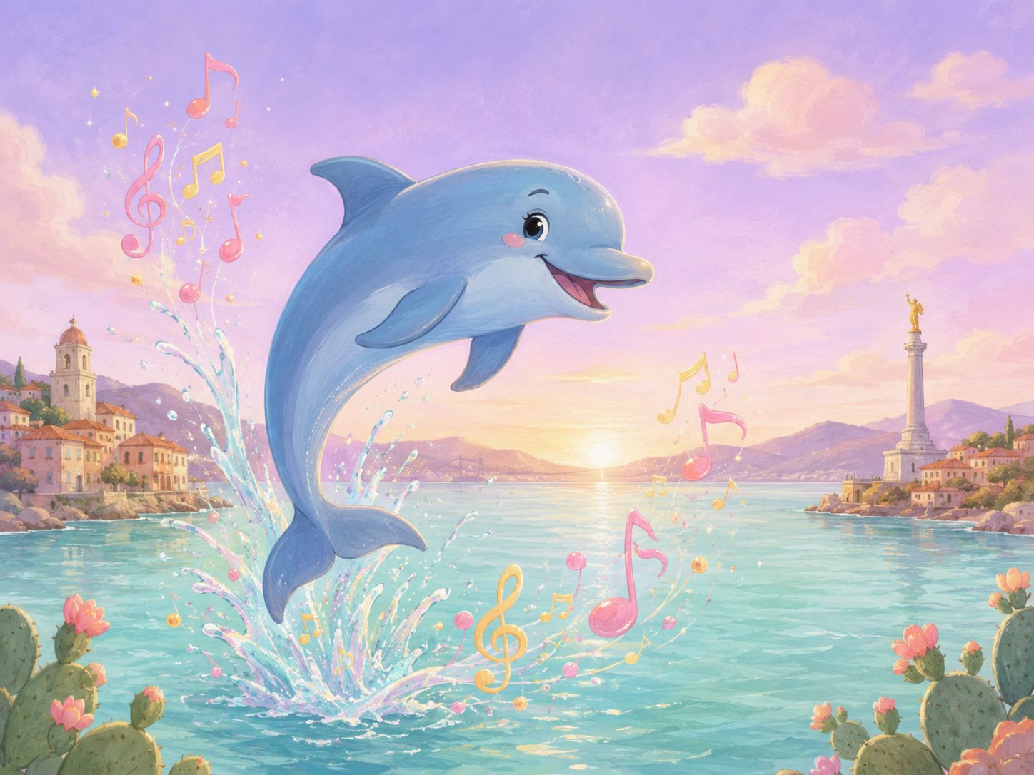 Un allegro delfino color azzurro polvere salta fuori da un mare calmo e limpido color verde menta. Gli spruzzi d'acqua intorno a lui si trasformano magicamente in note musicali color rosa cipria e giallo canarino, sotto un cielo d'inizio mattino color lilla chiaro.