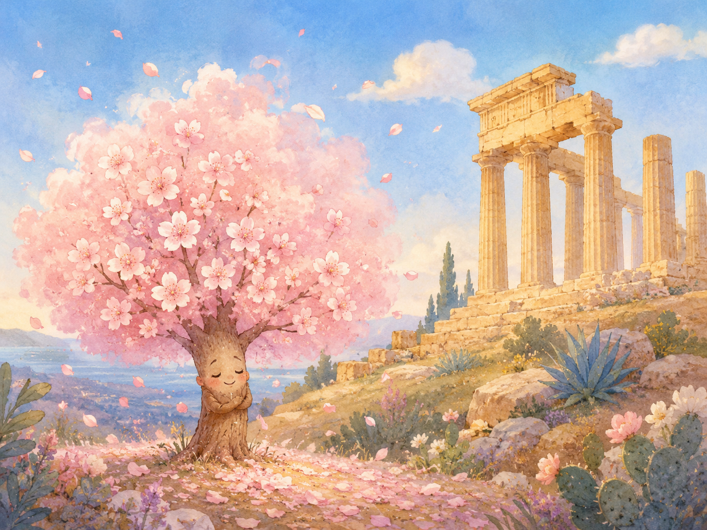 Nella splendida Valle dei Templi, un piccolo albero di mandorlo è circondato da una soffice nuvola di fiori color rosa confetto. Accanto a lui, le antiche colonne di un tempio greco splendono di un delicato giallo ocra pallido, sotto un cielo pulito color azzurro carta da zucchero.