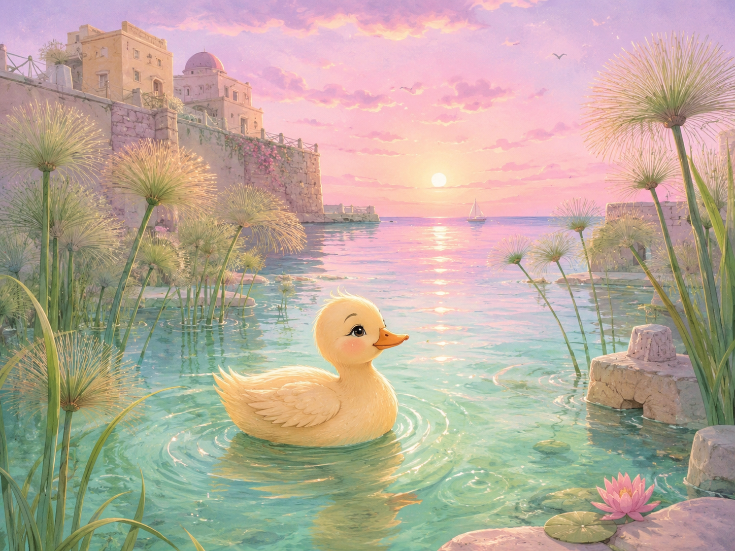 Una graziosa paperetta color giallo crema nuota in una limpida fonte d'acqua dolce color verde menta, circondata da alte piante di papiro slanciate. Sullo sfondo, il mare di Ortigia brilla sotto i riflessi di un tramonto rosa cipria e lilla.