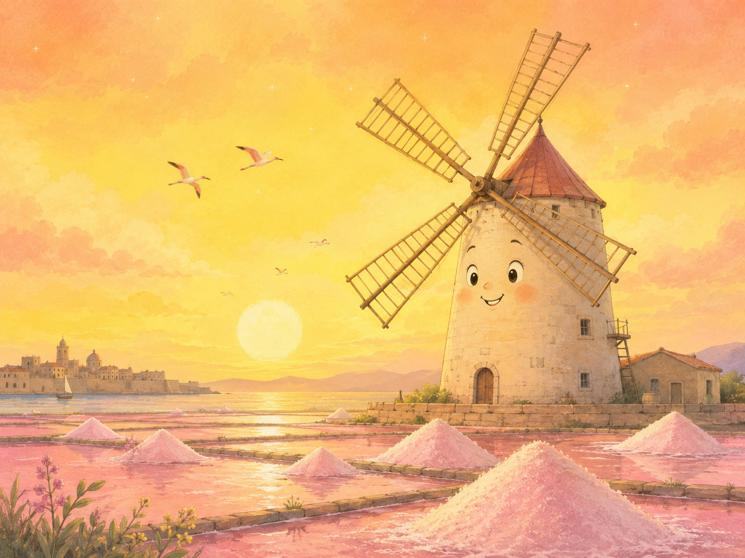 Un grande mulino a vento con le pale color legno chiaro svetta sopra una distesa di vasche di sale color rosa pastello. Il cielo è un dipinto color giallo canarino e arancione albicocca, ricreando la calda atmosfera delle saline trapanesi.