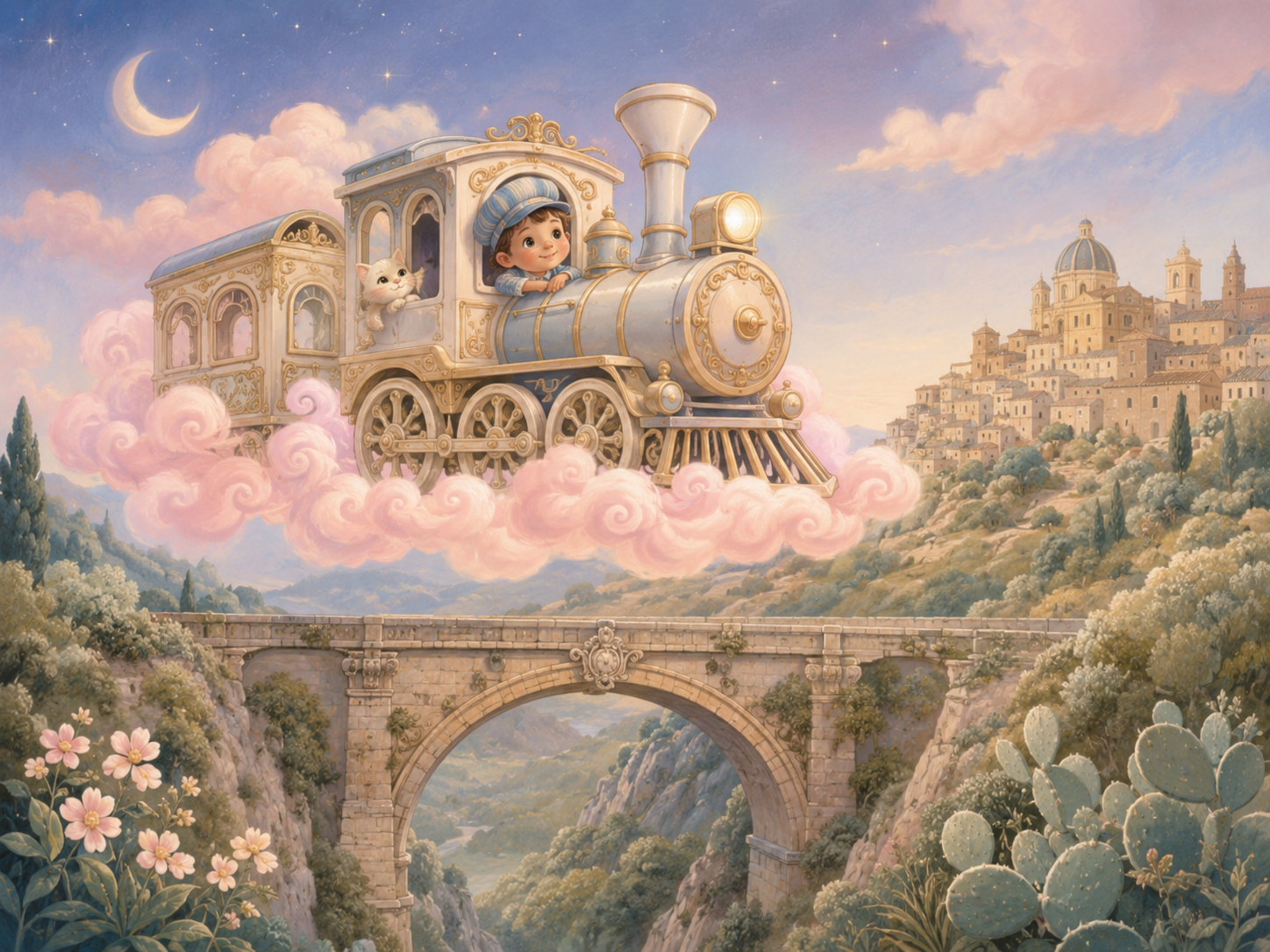 Un piccolo trenino color crema e grigio perla, decorato con ghirigori eleganti, viaggia sopra un ponte di pietra sospeso tra colline color verde salvia. Intorno alle ruote del treno si formano soffici nuvole color rosa cipria.
